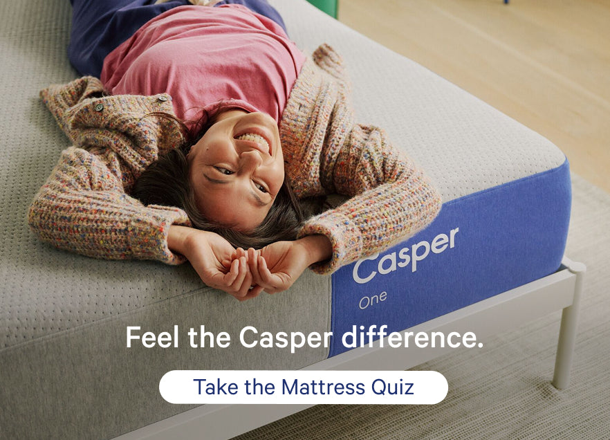 Person lying on a Casper mattress with promotional text overlay that says "Feel the Casper difference. Take the Mattress Quiz."