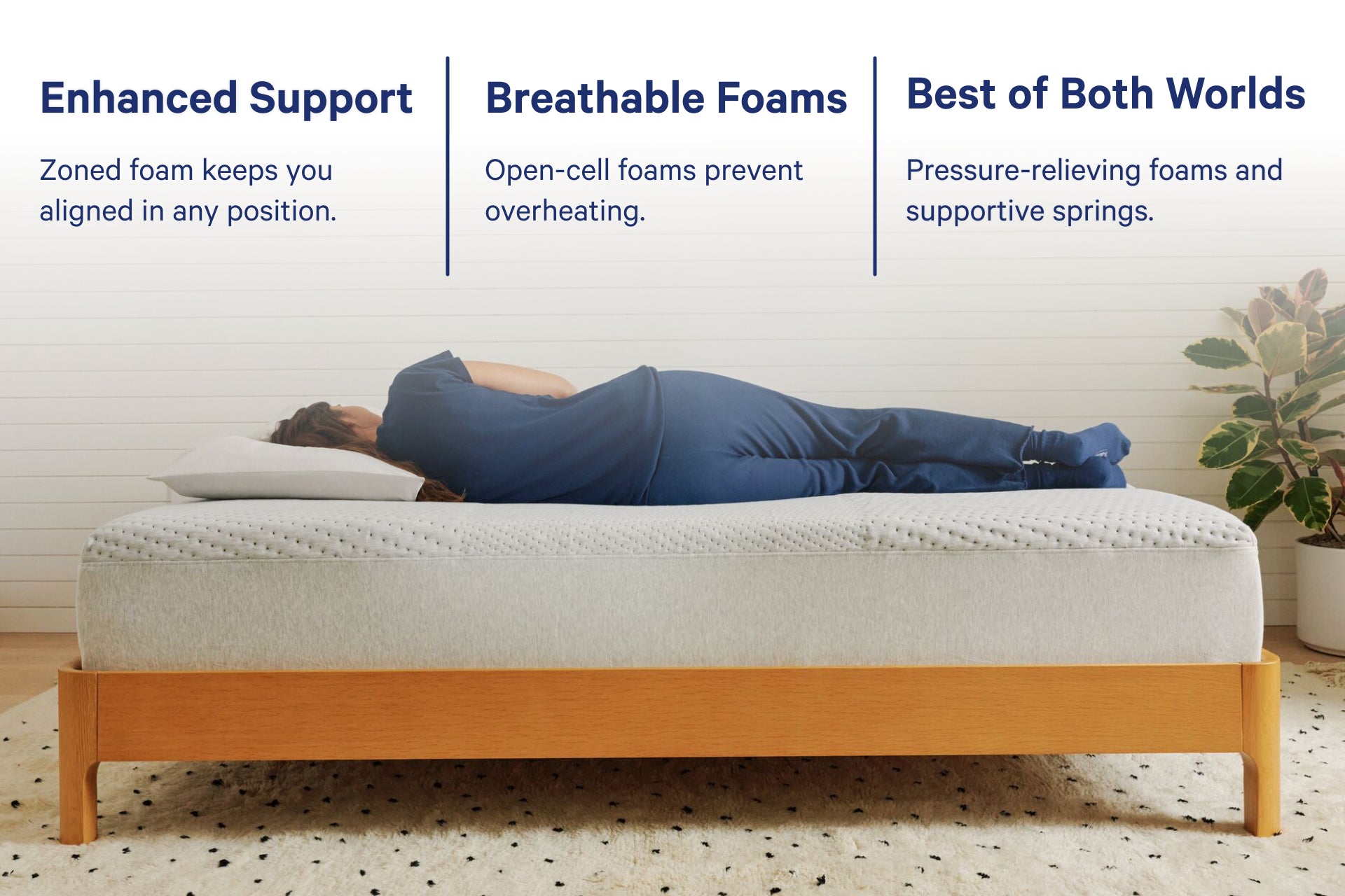 A person lies on their side on a Casper Dream mattress. Written on top of the image are details of this mattress including that it has enhanced support. Zoned foam keeps you aligned in any position. Breathable foams have open-cell foams that prevent overheating. Best of both worlds with pressure-relieving foams and supportive springs.