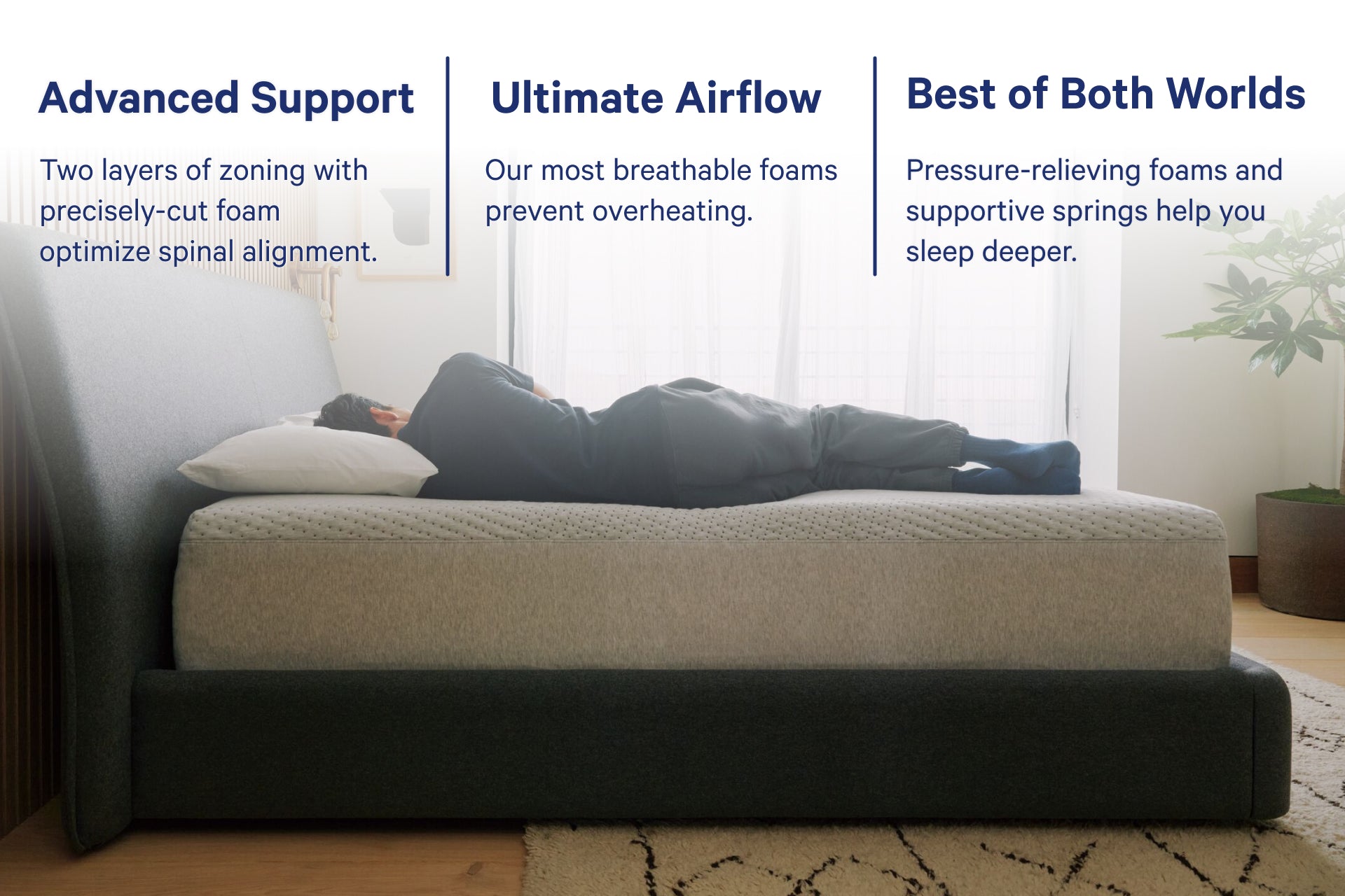 Person lying on a mattress with text above highlighting features such as advanced support with two layers of zoning with precisely cut foam to optimize spinal alignment. Ultimate airflow with our most breathable foams to prevent overheating. Best of both worlds with pressure-relieving foams and supportive springs to help you sleep deeper.