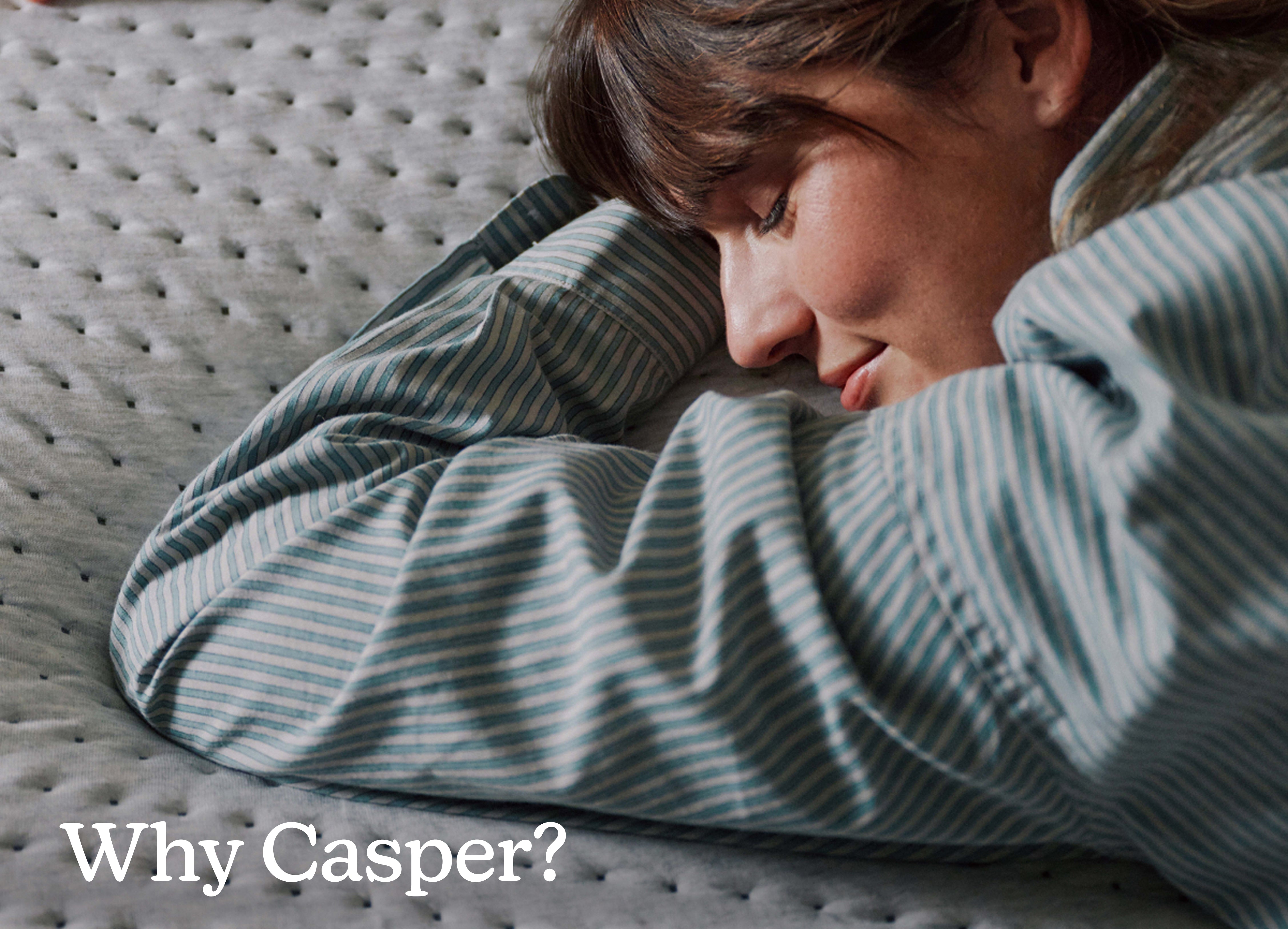 Close-up image of someone lying comfortably on their stomach on a mattress. At bottom are the words, "Why Casper?"