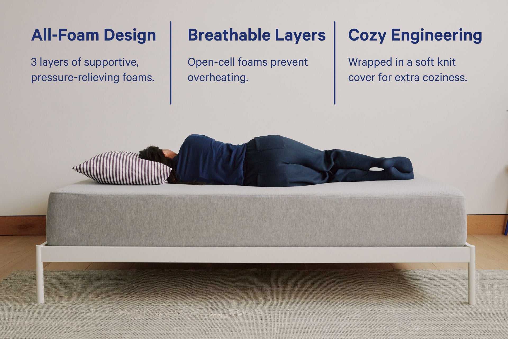 A person lying on their side on The One mattress. Above the mattress is a list of its features: All-foam design has 3 layers of supportive, pressure-relieving foams. Breathable layers have open-cell foam to prevent overheating. Cozy engineering has wrapped the mattress in a soft-knit cover for extra coziness.