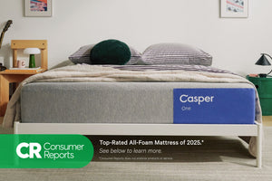 Casper's The One mattress on a bed frame with a blanket and pillows on top in a bedroom setting. At the bottom of the image is the Consumer Reports logo. The One is the top-rated all-foam mattress of 2025. See below to learn more. Consumer Reports does not endorse products or service.